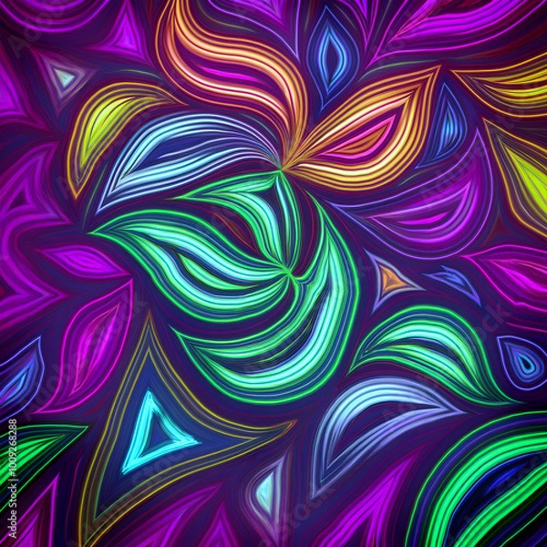 Obraz Vibrant abstract design featuring swirls and leaves in bright colors on a dark background