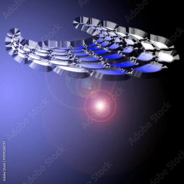 Fototapeta Fantasy graphic.  Blue and white alien space ship in outer space concept. Illusion of 3d distance dimension depth. Color blends of black and purple.. Gradient blur effect. Design element.