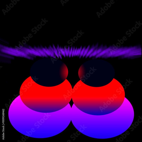 Fototapeta Fantasy graphic. Black background. Illusion of 3d distance dimension depth. Conceptual planets, stars, outer space scene. Gradient blur effect. Design element. colour blends of red blue purple pink.