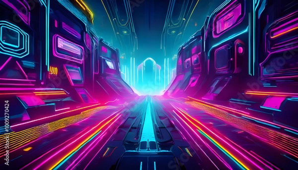 Obraz Vibrant neon light trails pass through a futuristic cityscape at night, showcasing skyscrapers and dynamic colors