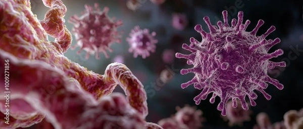 Fototapeta Microscopic Spiky Virus Close-Up in Abstract Pink and Purple Space - Scientific and Intriguing Concept