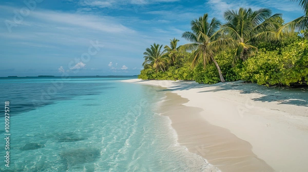Obraz Tropikalna plaża o złotym piasku jest otoczona bujną roślinnością i ożywczym szumem fal, które łagodnie uderzają o brzeg. 