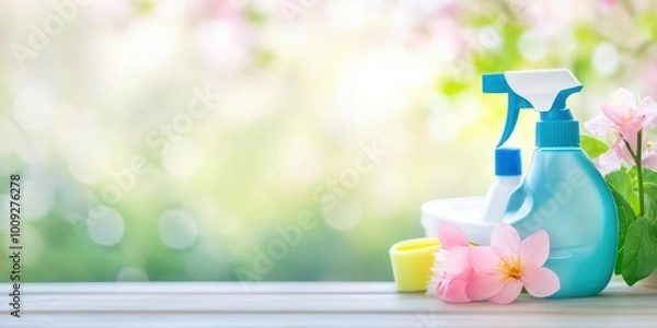 Fototapeta Products and tools for spring cleaning on a wooden table with a blurry image of a flowering landscape in the background.