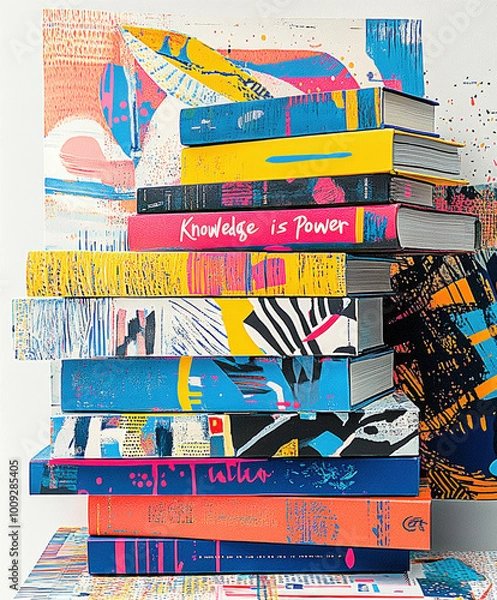Fototapeta A Stack of Books on a Table with the Text "Knowledge is Power"
