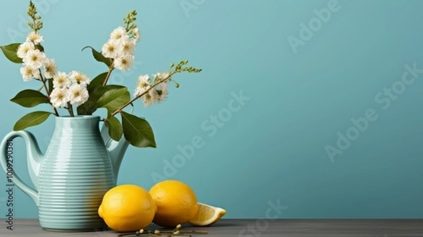 Fototapeta Minimalist still life  simple composition of fruits, plants, and ceramics on plain background