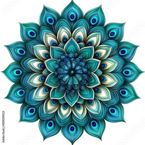 Fototapeta A vibrant, intricate mandala featuring teal, blue, and cream colors, showcasing floral patterns that radiate harmony and balance.
