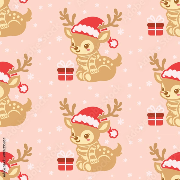 Fototapeta Light peach color Christmas pattern. Christmas gifts with cute reindeer background.