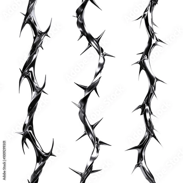 Obraz Silver metal rose vines with sharp thorns. Gothic prickly vine elements isolated
