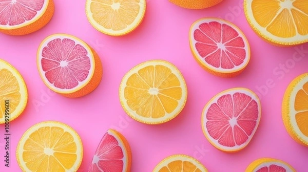 Fototapeta Juicy pink and orange with lemon circle slices texture citruses background. Bright and juicy. Flat lay of sliced citrus fruits.
