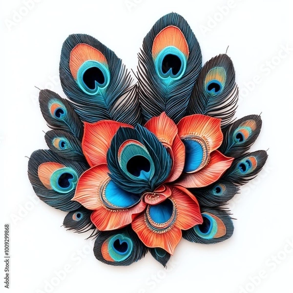 Fototapeta A vibrant arrangement of peacock feathers and stylized flowers, showcasing intricate details and bold colors, creating a striking visual composition.