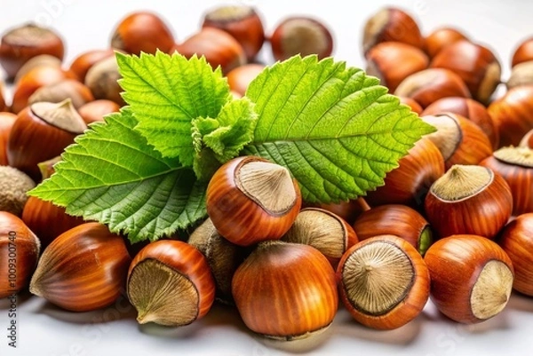 Fototapeta Freshly harvested hazelnuts on a clean white background showcasing their natural texture and color