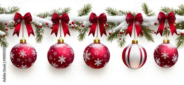 Fototapeta Christmas tree branches garland with ornaments, on white background