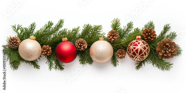 Fototapeta Christmas tree branches garland with ornaments, on white background