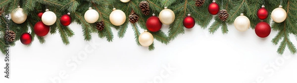 Fototapeta Christmas tree branches garland with ornaments, on white background