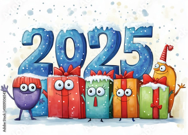 Fototapeta Funny looking anthropomorphic characters and 2025 new year, creative illustration 