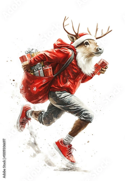 Fototapeta Rudolph the reindeer,  running, wearing red hoodie and Santas hat, also a huge sack with presents on his back, illustration on white background
