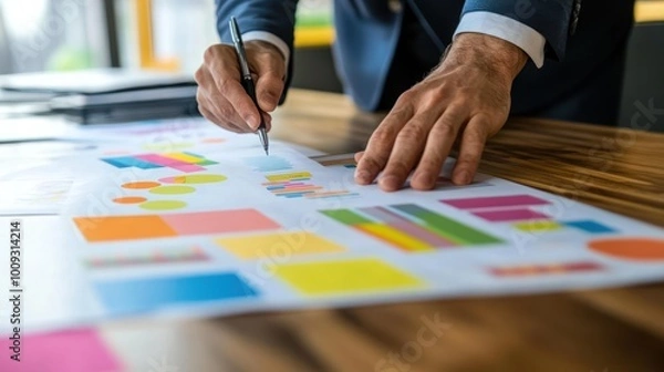 Obraz A person analyzing colorful graphs and charts on a table, focusing on data presentation.