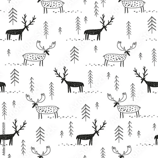 Obraz vector hand drawn pattern with deers moose and trees
