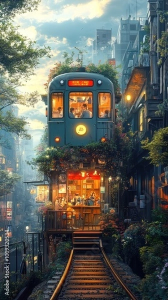 Fototapeta A whimsical train-themed café seen from the outside, with characters enjoying their time inside, surrounded by a cityscape in soft muted colors 