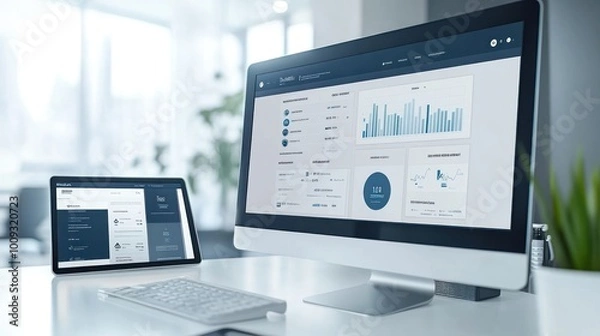 Fototapeta Modern workspace featuring a computer and tablet displaying data analytics dashboards.