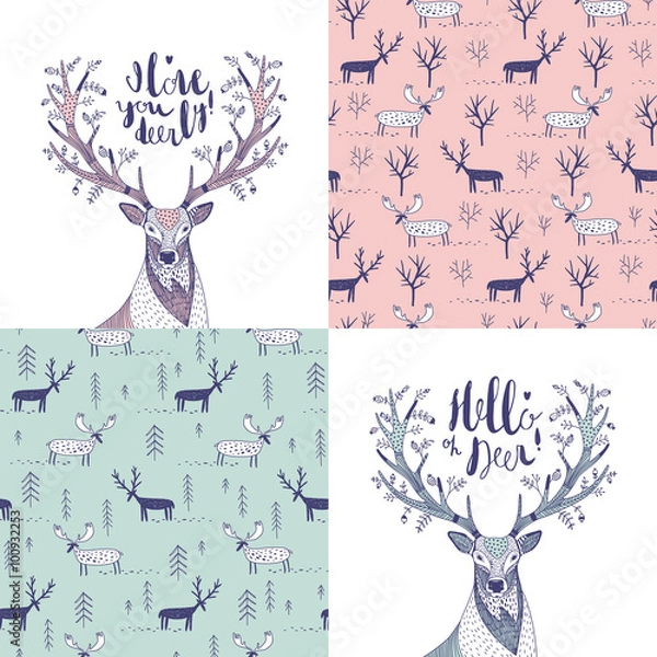 Obraz vector set with two postcards and two patterns with deers