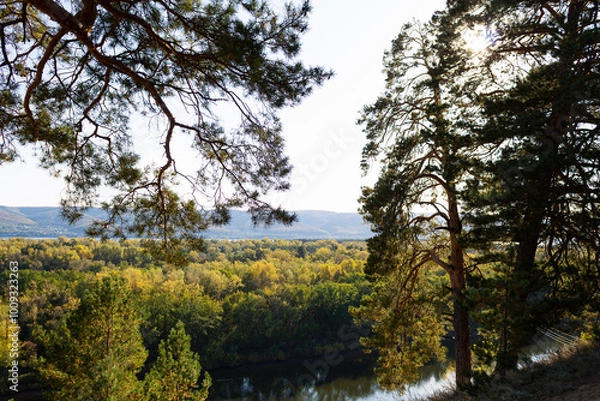 Obraz Autumn landscape with a lake surrounded by dense trees and vibrant foliage under a clear blue sky
