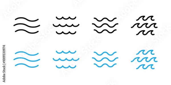 Fototapeta Wave icon set. Water surface vector illustration. Sea waves curve symbol. River flow sign. Lake sign. Abstract tide pictogram. Flux water concept. Ocean beach minimalistic icon. Fluid water logo.