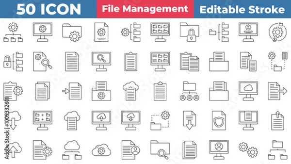 Fototapeta File management icon collection set. Lock,  Containing data, Login,  Search, And More. Editable stroke outline icon.