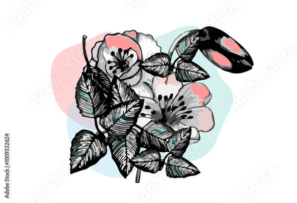 Fototapeta Sketches of flowers and petals arranged in a bouquet, hand drawn, with a colored background in the form of rounded elements in the background. Vector illustration isolated on a white background