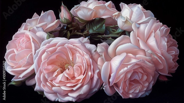 Fototapeta Soft pink roses arranged in a circle, delicate floral design on a black background