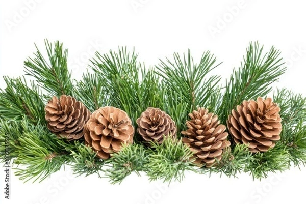 Obraz A perfectly symmetrical arrangement of pine leaves and pinecones on a white background, offering a clean and modern design. Ideal image for holiday cards, environmental branding, or decor