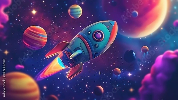 Fototapeta Vibrant 3D Cartoon Scene in Outer Space
