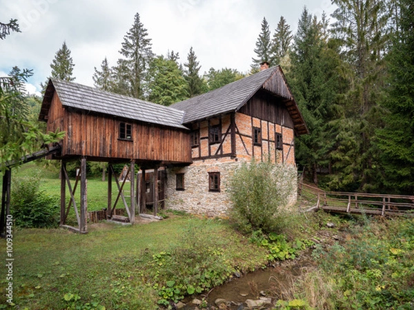 Fototapeta The watermill and sawmill building in the open-air museum of the Kysuck village in Nova Bystrica-Vychylovka. The mill and saw were set in motion by a wheel driven by running water.
