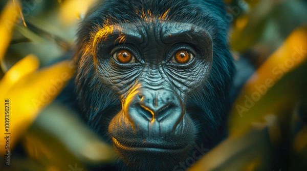 Fototapeta Portrait of a mountain gorilla with striking golden eyes, illuminated by warm sunlight