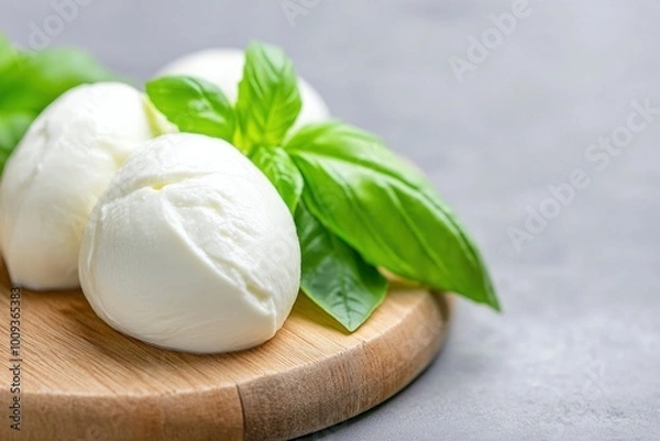 Obraz mozzarella cheese ball on a wooden board with basil leaves with grainy gray background