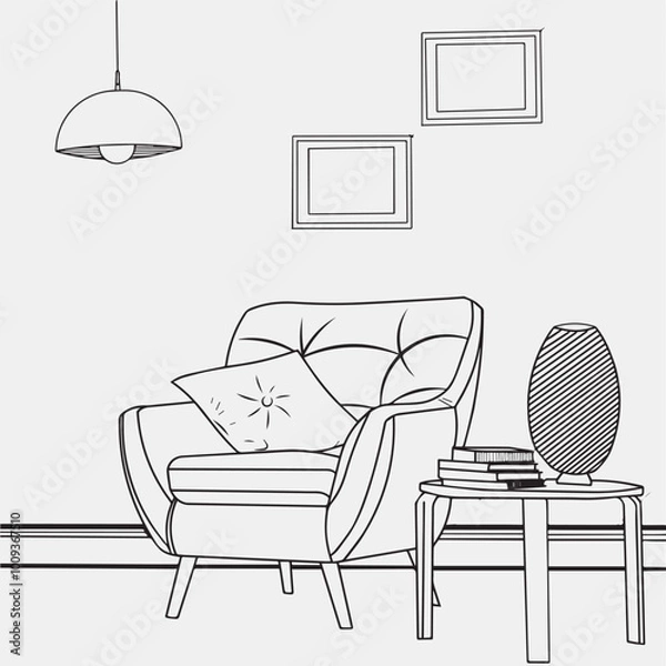 Obraz Interior design with modern living room in black sketch line on white background. Line drawing of Living room with modern furniture editable stroke. Living room line. Modern interior and furniture.