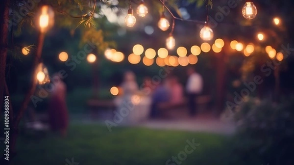Fototapeta Twilight garden party with glowing string lights and guests socializing, warm festive atmosphere