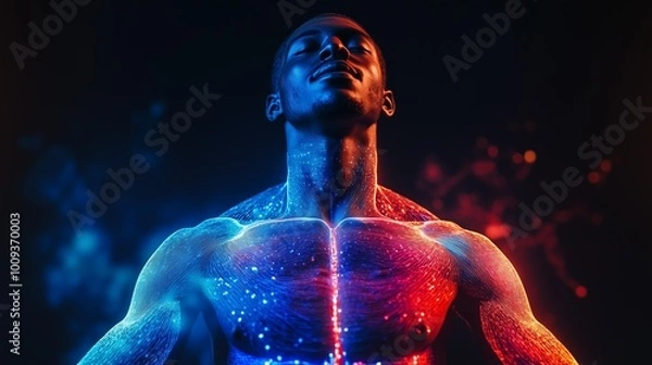 Fototapeta 3D body scan of an athlete showing muscles and nutrient absorption pathways, illustrating the science of fitness and nutrition