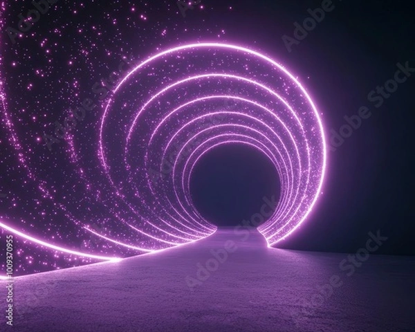 Fototapeta Neon Light Beams Tunnel with Glowing Particles in a FastPaced Futuristic Scene