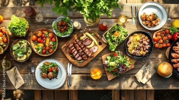 Fototapeta Delicious BBQ Feast on Rustic Wooden Table