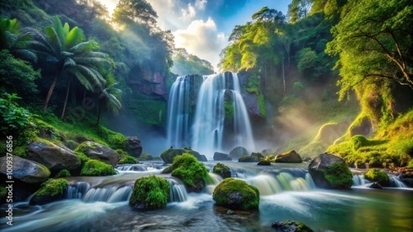 Fototapeta Majestic Low Angle View of Waterfall Cascading Over Rocks Surrounded by Lush Greenery and Mist