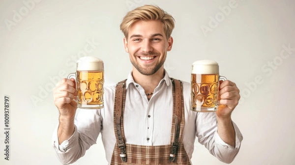 Fototapeta The joyful young man, dressed in traditional lederhosen, raises two mugs filled with refreshing beer, exuding festive spirit and celebration