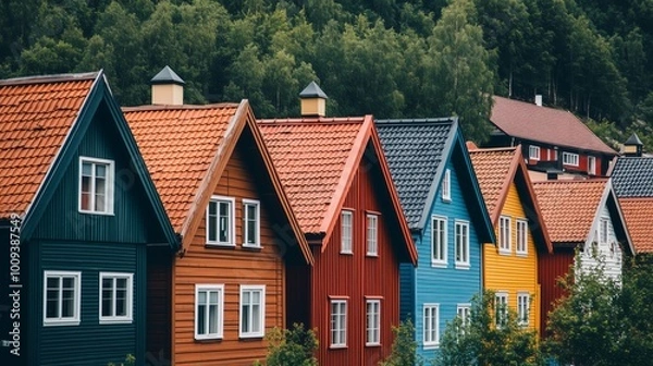 Fototapeta A row of colorful wooden houses in Tromso. The buildings have red roof tiles and feature different colors for the walls, creating an eye-catching contrast against the green trees on both sides. 