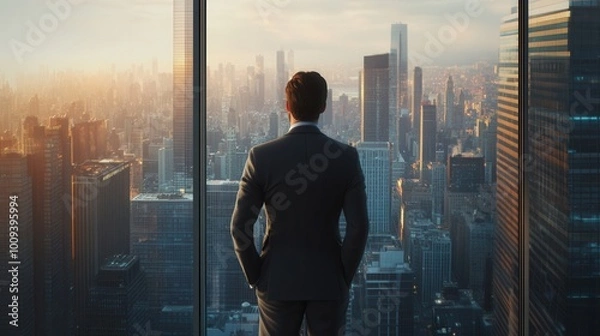 Fototapeta A businessman in a suit standing at a window in a modern skyscraper, looking out over a bustling cityscape, representing ambition and success in the corporate world