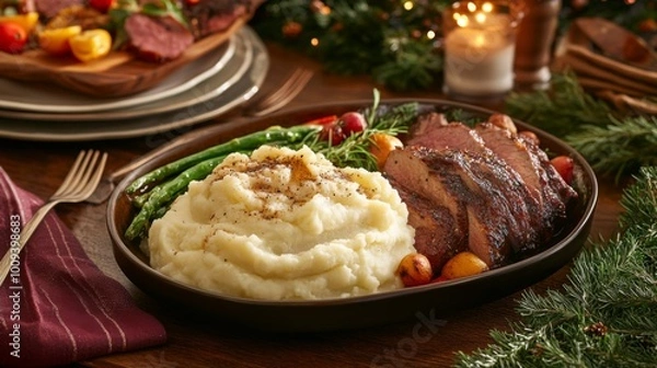 Obraz Holiday Feast with Roast Meat and Mashed Potatoes