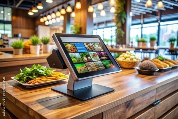 Fototapeta Modern Point of Sale System with Touchscreen Display and Payment Processing on a Wooden Table