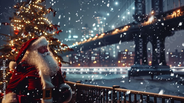 Fototapeta Santa Claus enjoying the view of Brooklyn Bridge during a Christmas snowy night.