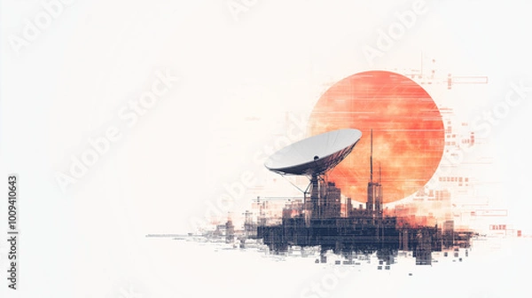 Fototapeta A satellite dish blended with digital circuit patterns and a rising sun, representing technological advancement in double exposure 