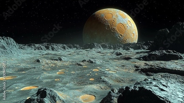 Obraz the A 3D model of the surface of Ganymede, Jupiter’s largest moon, including its magnetic field and geological features.