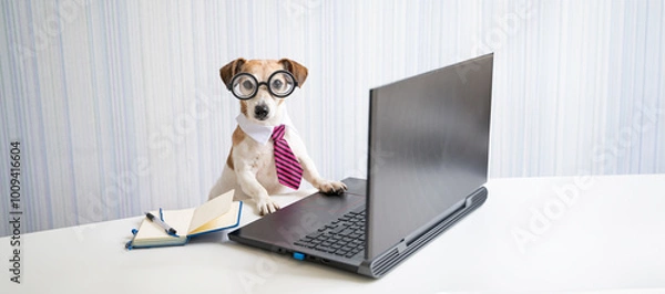 Fototapeta Busy dog sits at desk using laptop wearing round nerd glasses with striped pink tie looking at camera. manager, freelancer or programmer coding. Horizontal composition. Light background